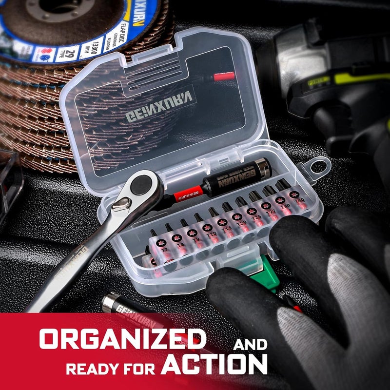 GEINXURN 22pieces Ratchet & Bit Driver Set, Magnetic S2 Steel 1”Insert Bits Tips with Base,Impact Bit Holder and Mini Wrench with Storage Box - Image 3